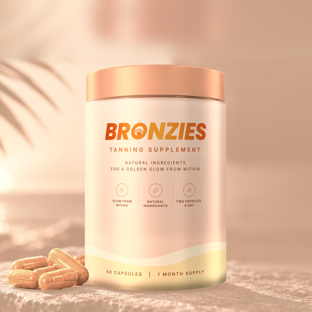 Bronzies tanning supplement tub in pastel peach with capsules on a sunlit stone ledge
