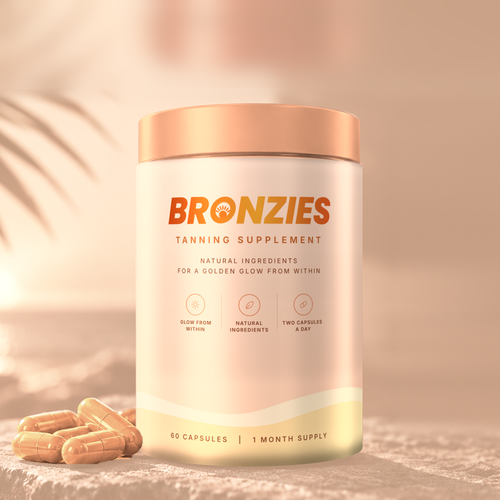 Bronzies tanning supplement tub in pastel peach with capsules on a sunlit stone ledge