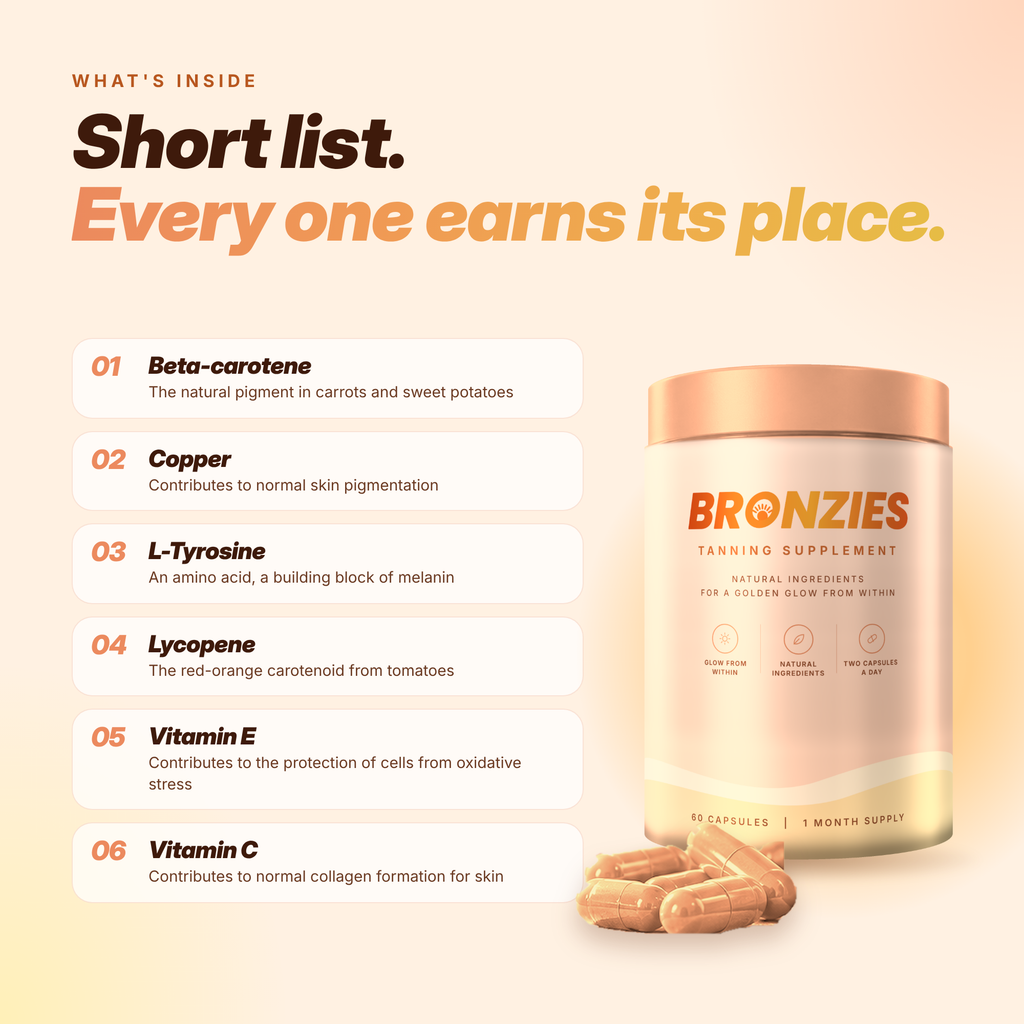 What's inside Bronzies: beta-carotene, copper, L-tyrosine, lycopene, vitamin E and vitamin C